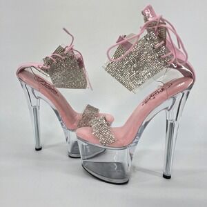 Pleaser Passion Platform Sandals Heels Pink Clear Rhinestone Dancer Shoes sz 7